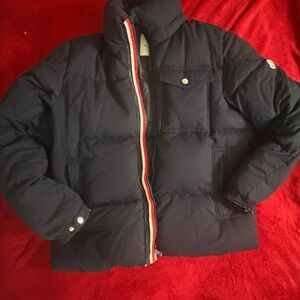 Moncler Navy Down Puffer Jacket with Tricolor Zip